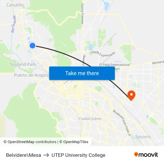 Belvidere\Mesa to UTEP University College map
