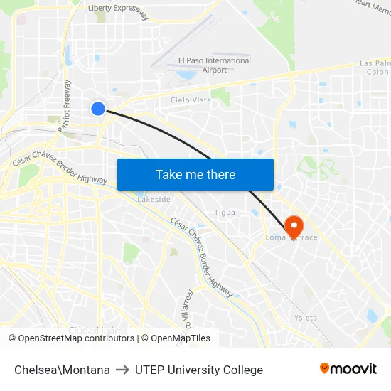 Chelsea\Montana to UTEP University College map