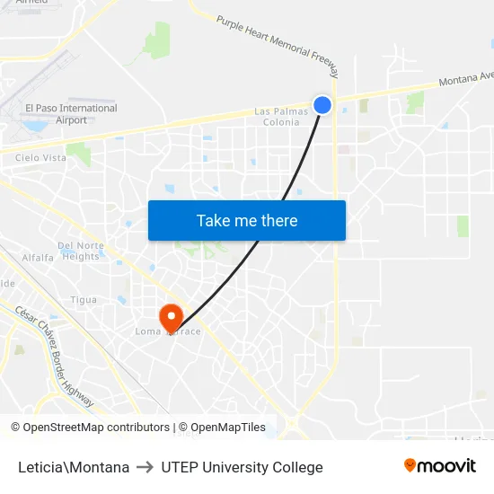 Leticia\Montana to UTEP University College map