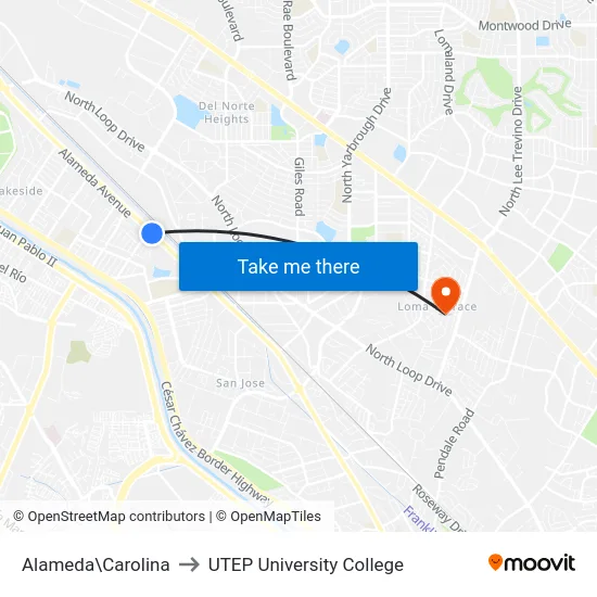 Alameda\Carolina to UTEP University College map