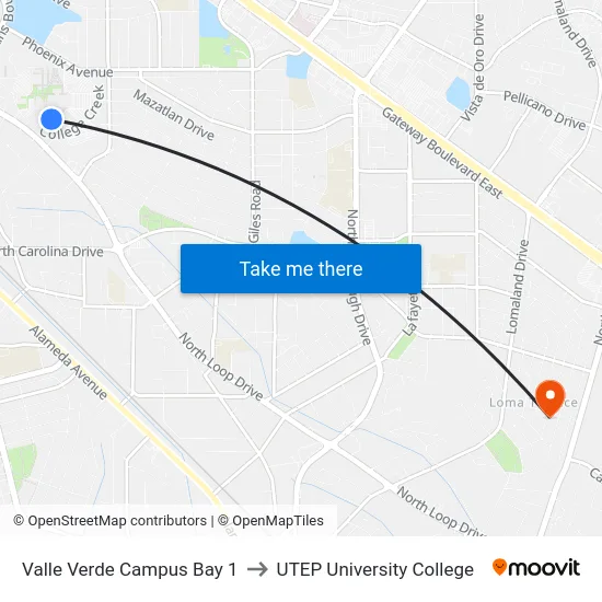 Valle Verde Campus Bay 1 to UTEP University College map