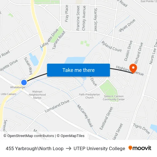 455 Yarbrough\North Loop to UTEP University College map