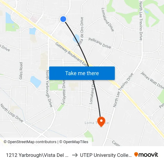 1212 Yarbrough\Vista Del Sol to UTEP University College map
