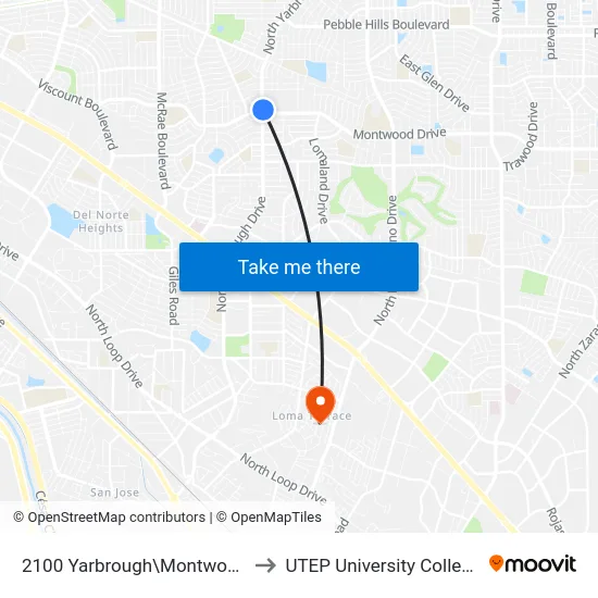 2100 Yarbrough\Montwood to UTEP University College map
