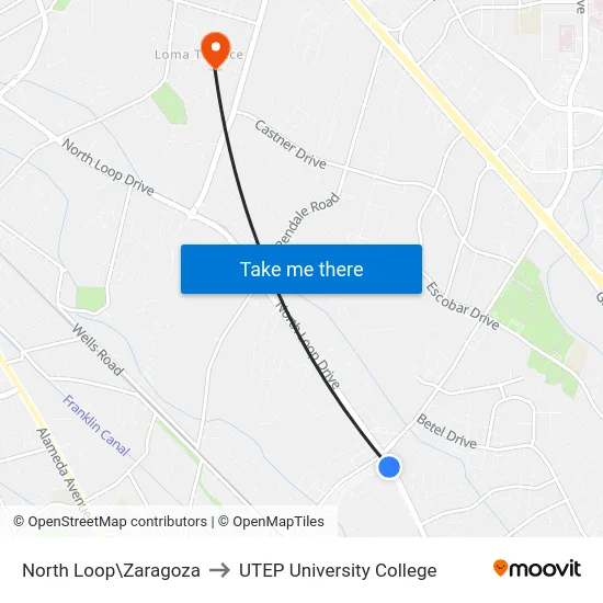 North Loop\Zaragoza to UTEP University College map