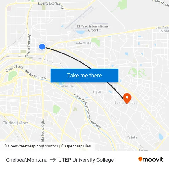 Chelsea\Montana to UTEP University College map