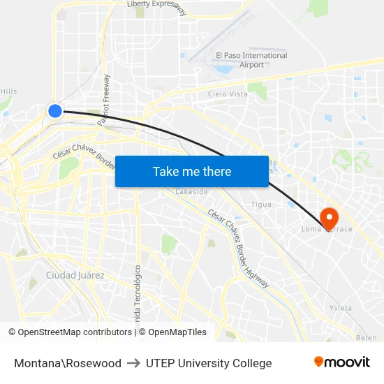 Montana\Rosewood to UTEP University College map