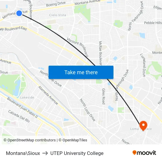 Montana\Sioux to UTEP University College map