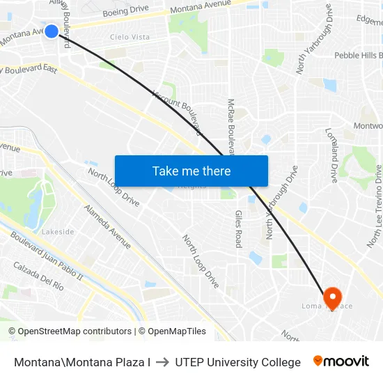 Montana\Montana Plaza I to UTEP University College map