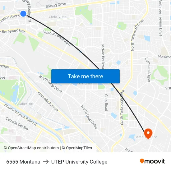 6555 Montana to UTEP University College map