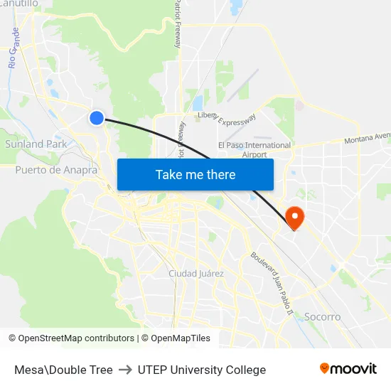 Mesa\Double Tree to UTEP University College map