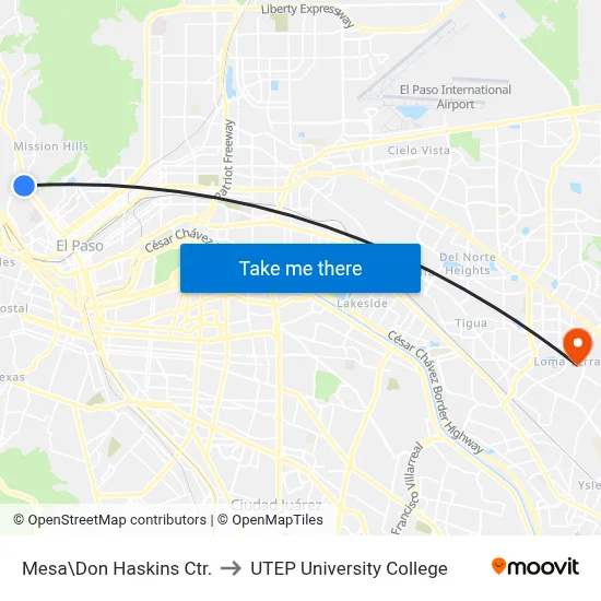 Mesa\Don Haskins Ctr. to UTEP University College map