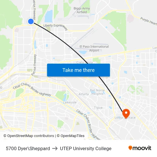 5700 Dyer\Sheppard to UTEP University College map