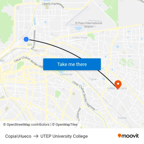 Copia\Hueco to UTEP University College map