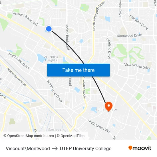 Viscount\Montwood to UTEP University College map