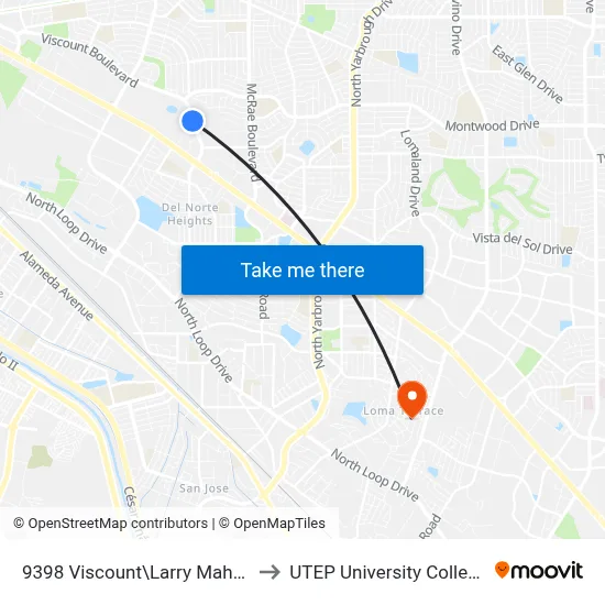 9398 Viscount\Larry Mahan to UTEP University College map