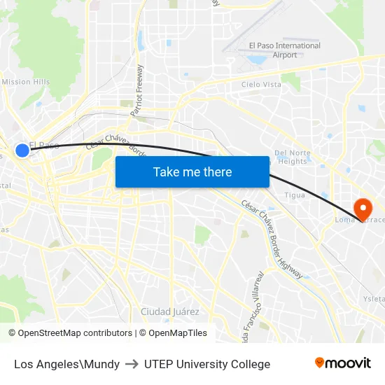 Los Angeles\Mundy to UTEP University College map