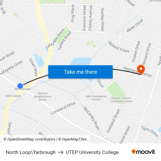 North Loop\Yarbrough to UTEP University College map