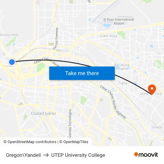 Oregon\Yandell to UTEP University College map