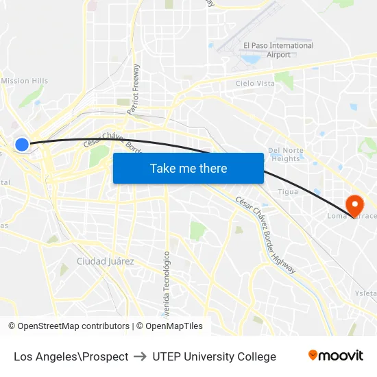 Los Angeles\Prospect to UTEP University College map