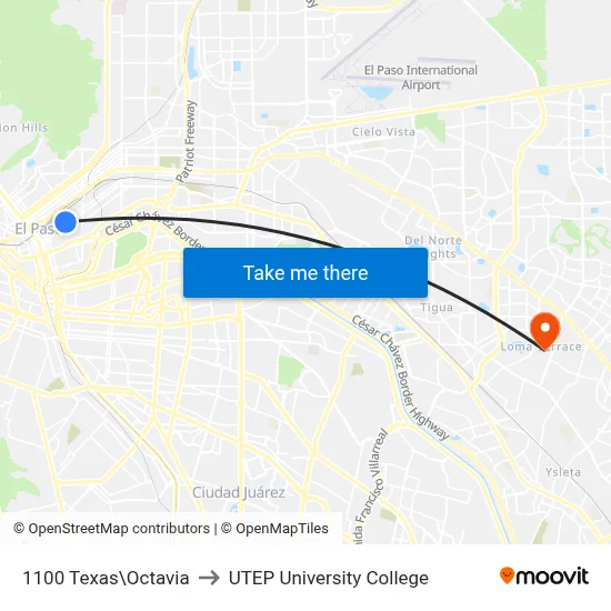 1100 Texas\Octavia to UTEP University College map