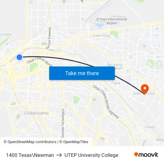 1400 Texas\Newman to UTEP University College map
