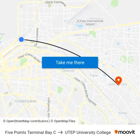 Five Points Terminal Bay C to UTEP University College map