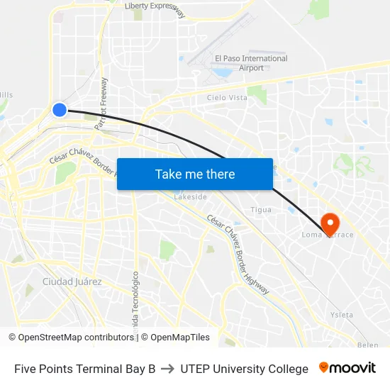 Five Points Terminal Bay B to UTEP University College map