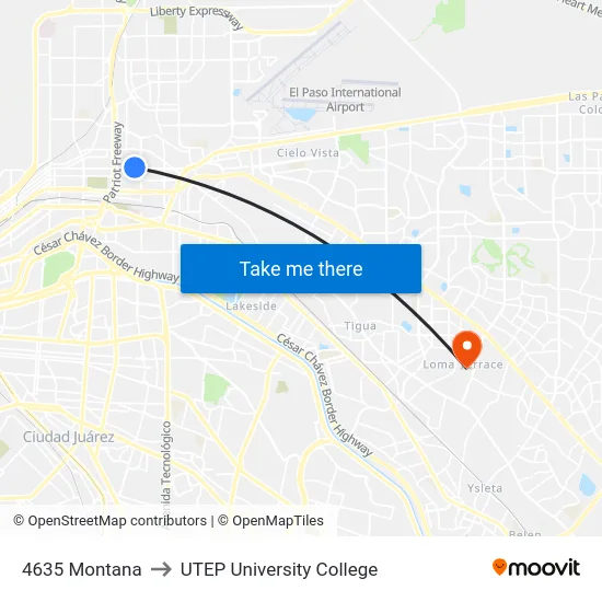 4635 Montana to UTEP University College map