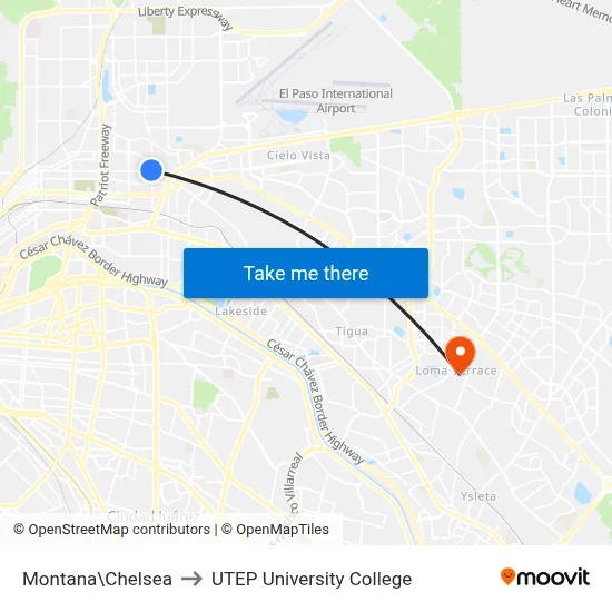 Montana\Chelsea to UTEP University College map