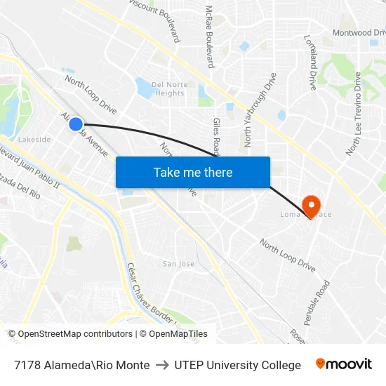 7178 Alameda\Rio Monte to UTEP University College map