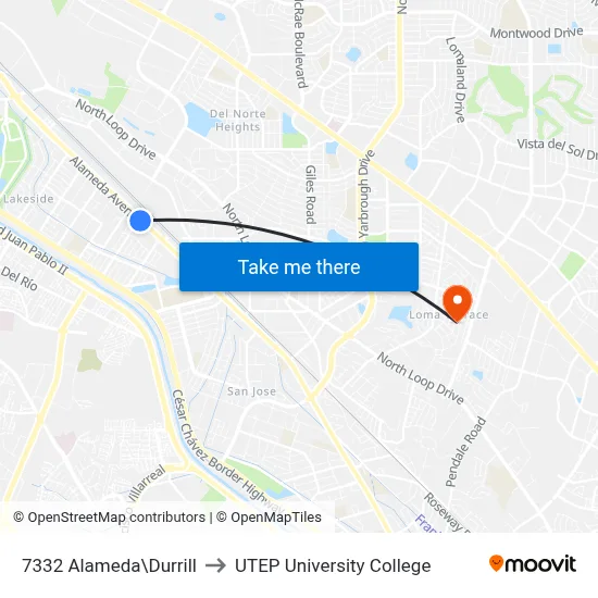 7332 Alameda\Durrill to UTEP University College map