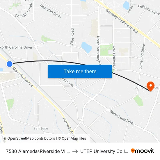 7580 Alameda\Riverside Village to UTEP University College map