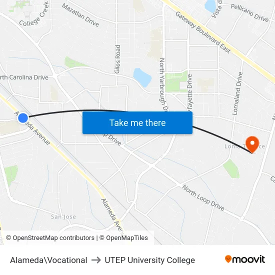 Alameda\Vocational to UTEP University College map