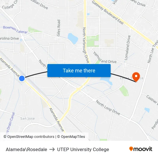 Alameda\Rosedale to UTEP University College map