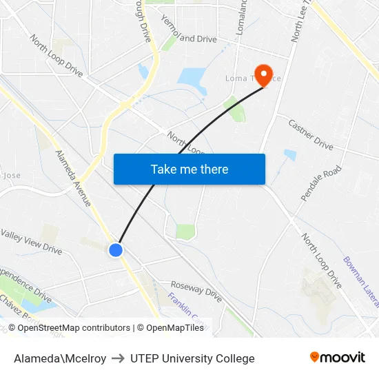 Alameda\Mcelroy to UTEP University College map