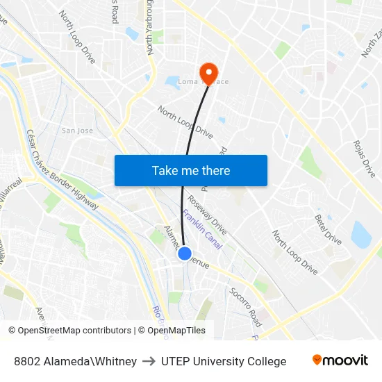 8802 Alameda\Whitney to UTEP University College map