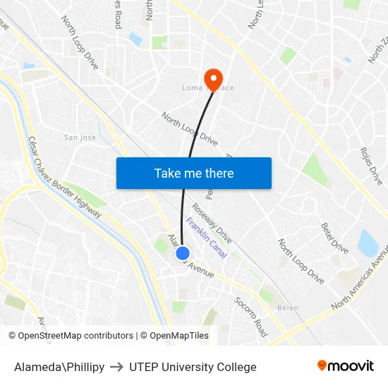 Alameda\Phillipy to UTEP University College map
