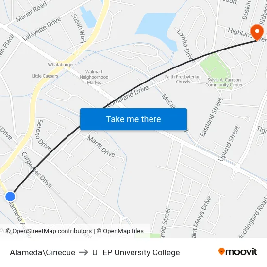 Alameda\Cinecue to UTEP University College map