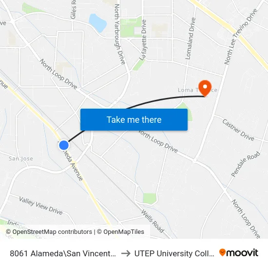 8061 Alameda\San Vincente Cl. to UTEP University College map