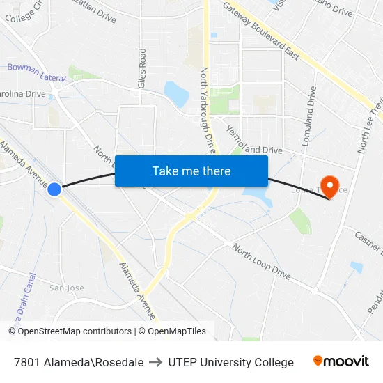 7801 Alameda\Rosedale to UTEP University College map