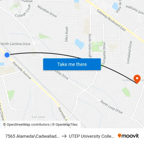 7565 Alameda\Cadwallader to UTEP University College map