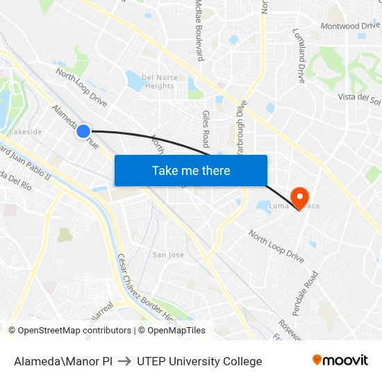 Alameda\Manor Pl to UTEP University College map