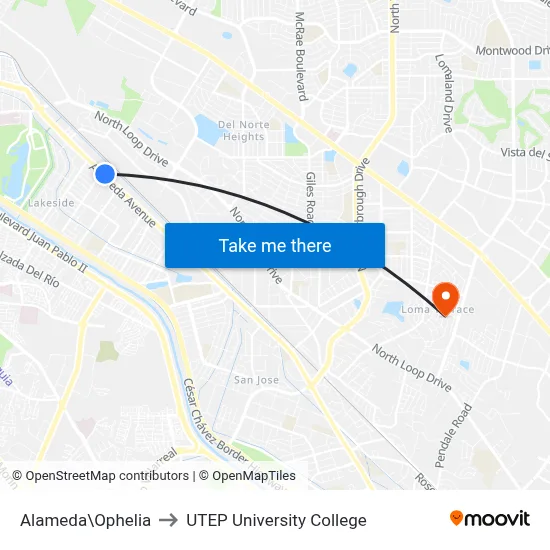 Alameda\Ophelia to UTEP University College map