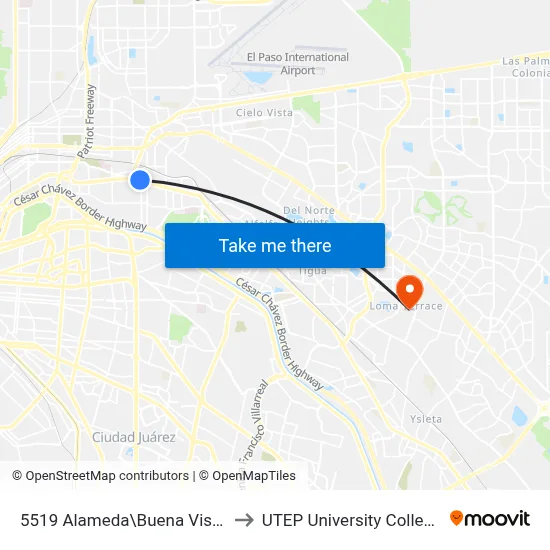5519 Alameda\Buena Vista to UTEP University College map