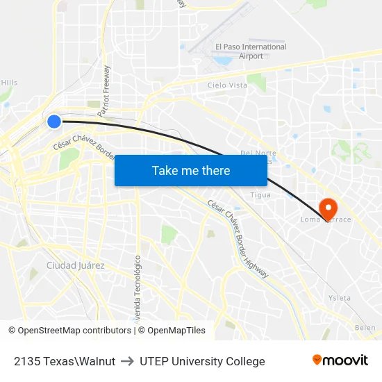 2135 Texas\Walnut to UTEP University College map