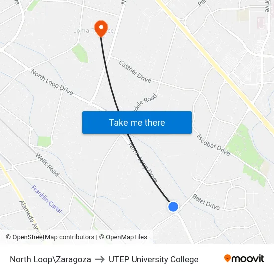 North Loop\Zaragoza to UTEP University College map