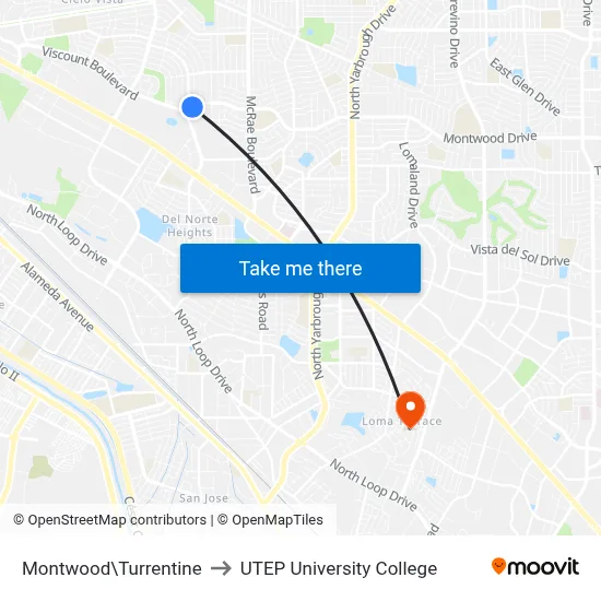Montwood\Turrentine to UTEP University College map