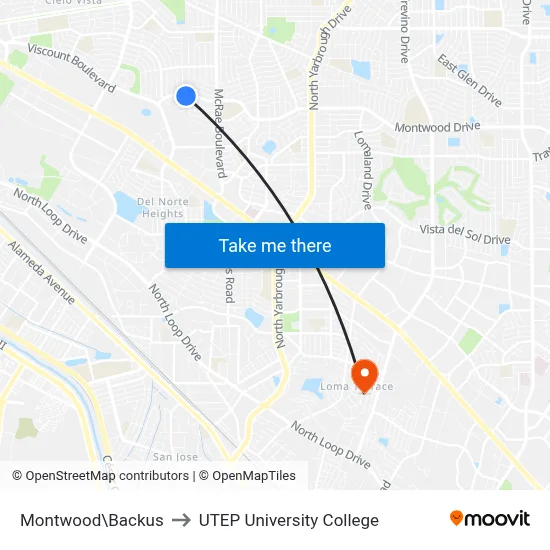 Montwood\Backus to UTEP University College map