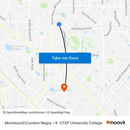 Montwood\Cumbre Negra to UTEP University College map